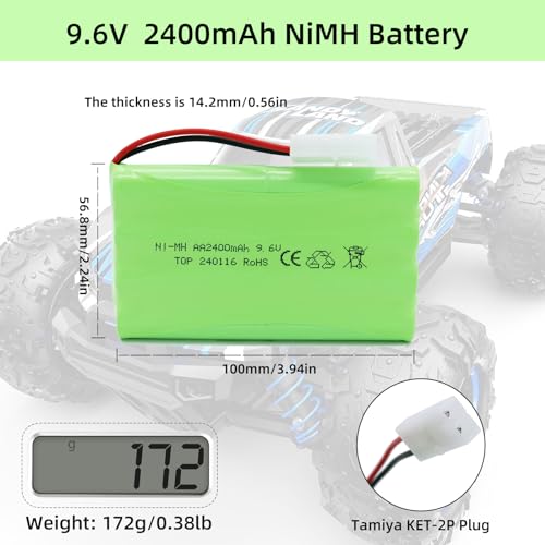 9.6V 2400mAh NiMH Battery Pack for RC Vehicles with Tamiya KET-2P Plug and USB Charger