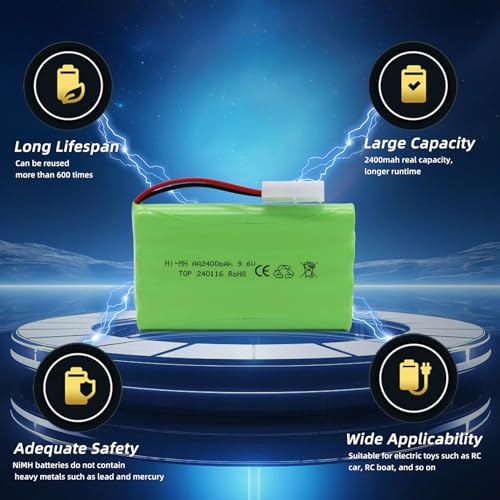 9.6V 2400mAh NiMH Battery Pack for RC Vehicles with Tamiya KET-2P Plug and USB Charger