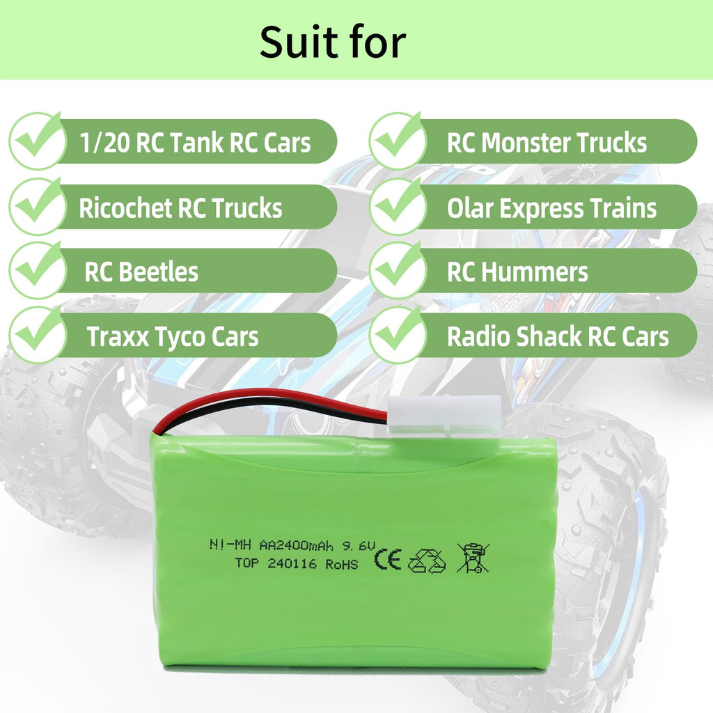 9.6V 2400mAh NiMH Battery Pack for RC Vehicles with Tamiya KET-2P Plug and USB Charger