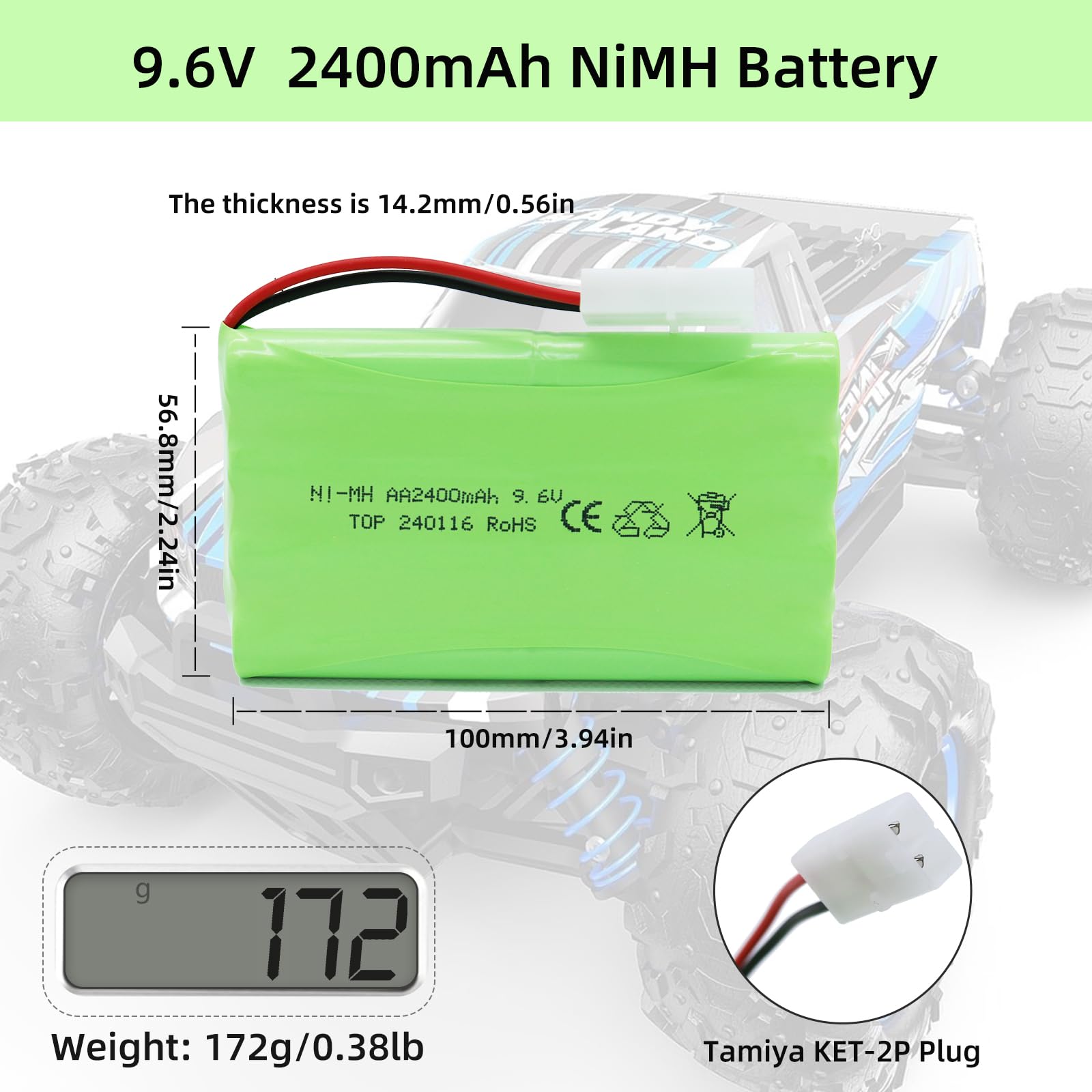 9.6V 2400mAh NiMH Battery Pack for RC Vehicles with Tamiya KET-2P Plug and USB Charger