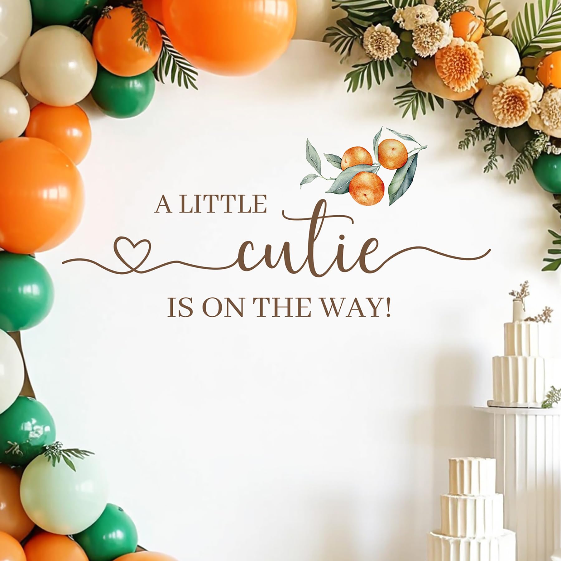 A Little Cutie Baby Shower Decal - First Birthday Decorations for Girls, Orange Theme Vinyl Wall Sticker 33.86x16.54 Inches