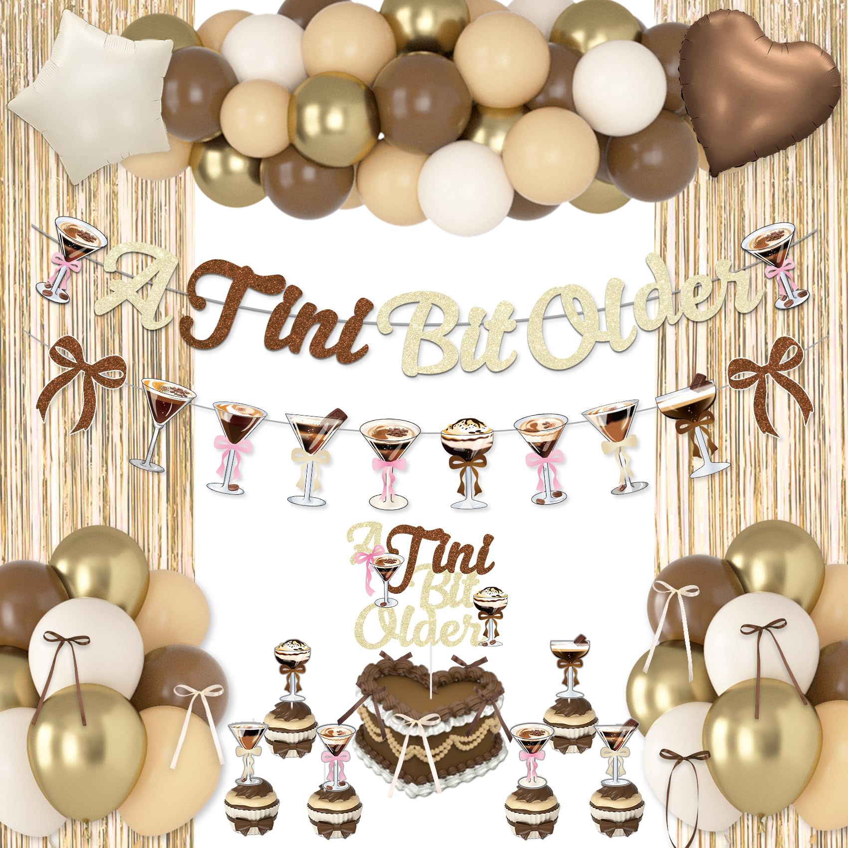 A Tini Bit Older Birthday Decor - 65-Piece Gold Brown Glitter Espresso Martini Party Set with Banner, Balloons, Cake Toppers & More