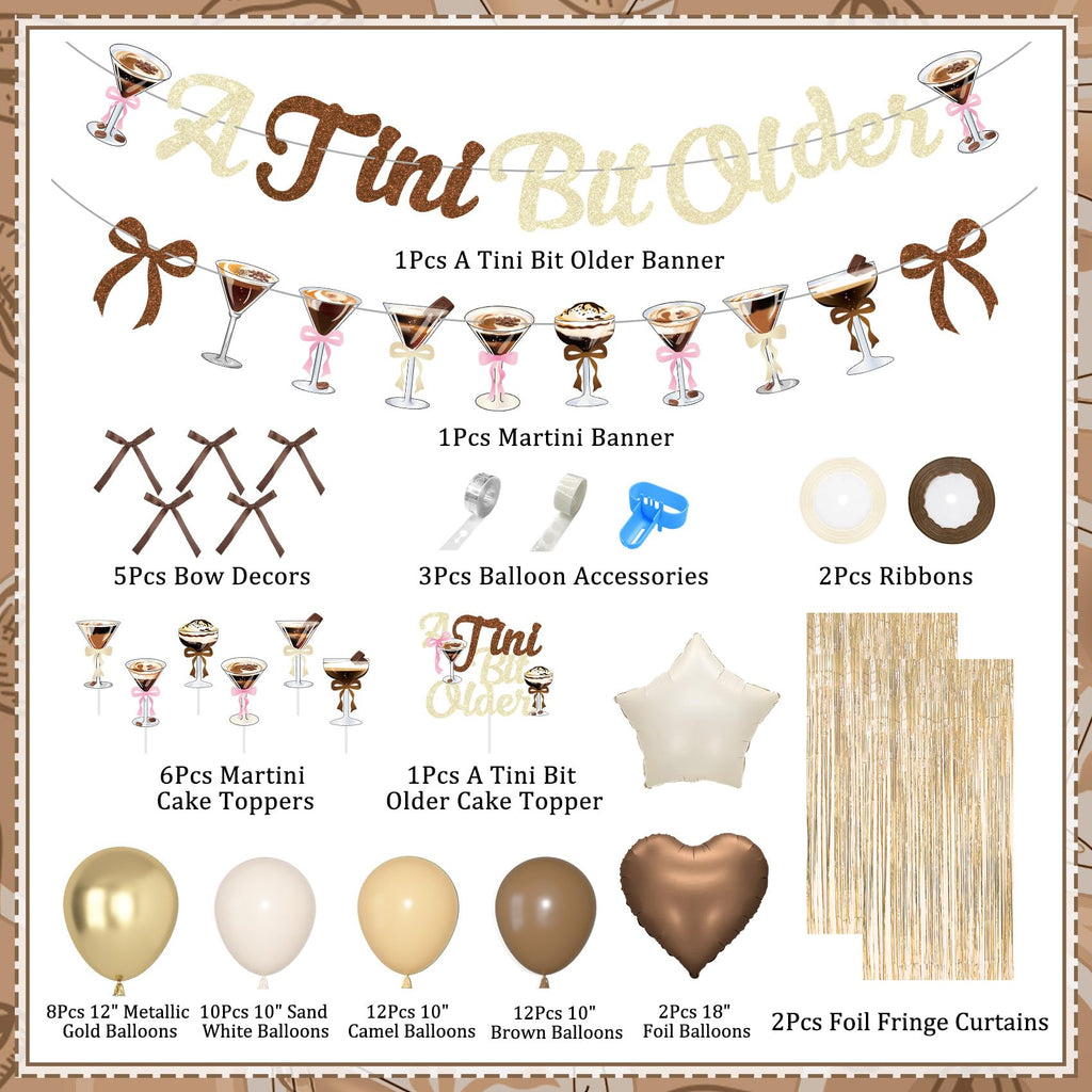 A Tini Bit Older Birthday Decor - 65-Piece Gold Brown Glitter Espresso Martini Party Set with Banner, Balloons, Cake Toppers & More
