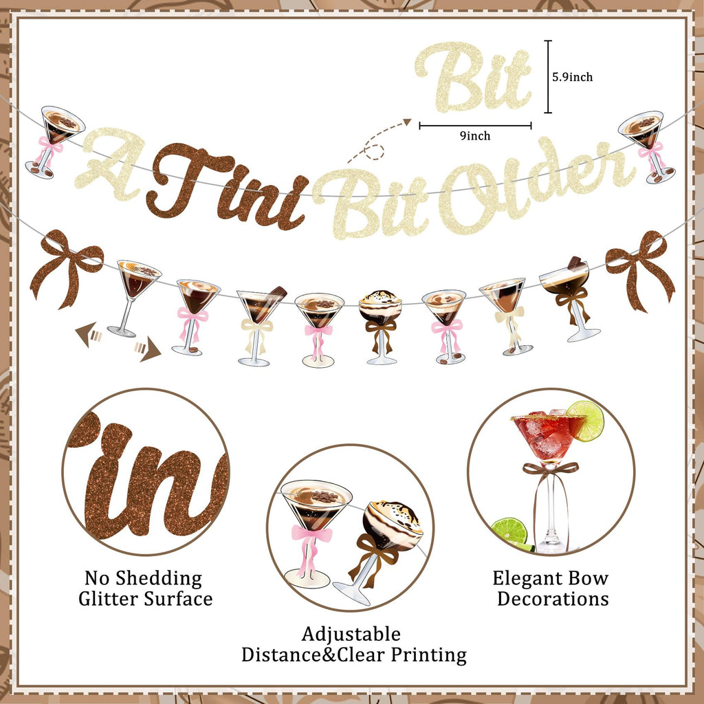 A Tini Bit Older Birthday Decor - 65-Piece Gold Brown Glitter Espresso Martini Party Set with Banner, Balloons, Cake Toppers & More