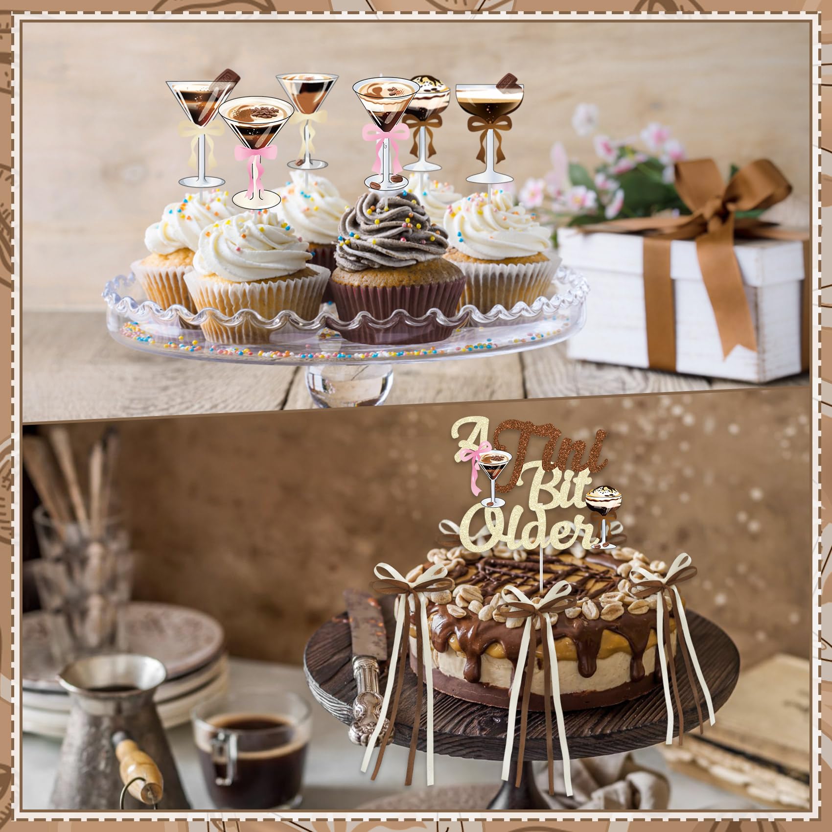 A Tini Bit Older Birthday Decor - 65-Piece Gold Brown Glitter Espresso Martini Party Set with Banner, Balloons, Cake Toppers & More