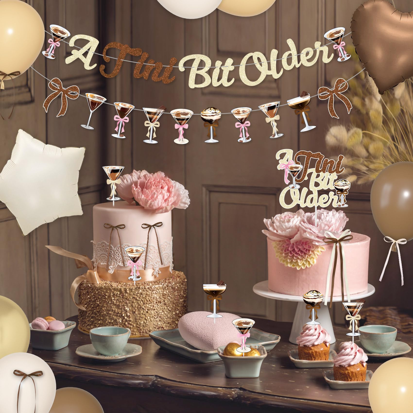 A Tini Bit Older Birthday Decor - 65-Piece Gold Brown Glitter Espresso Martini Party Set with Banner, Balloons, Cake Toppers & More