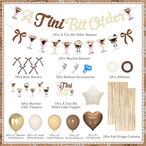 A Tini Bit Older Birthday Decor - 65-Piece Gold Brown Glitter Espresso Martini Party Set with Banner, Balloons, Cake Toppers & More