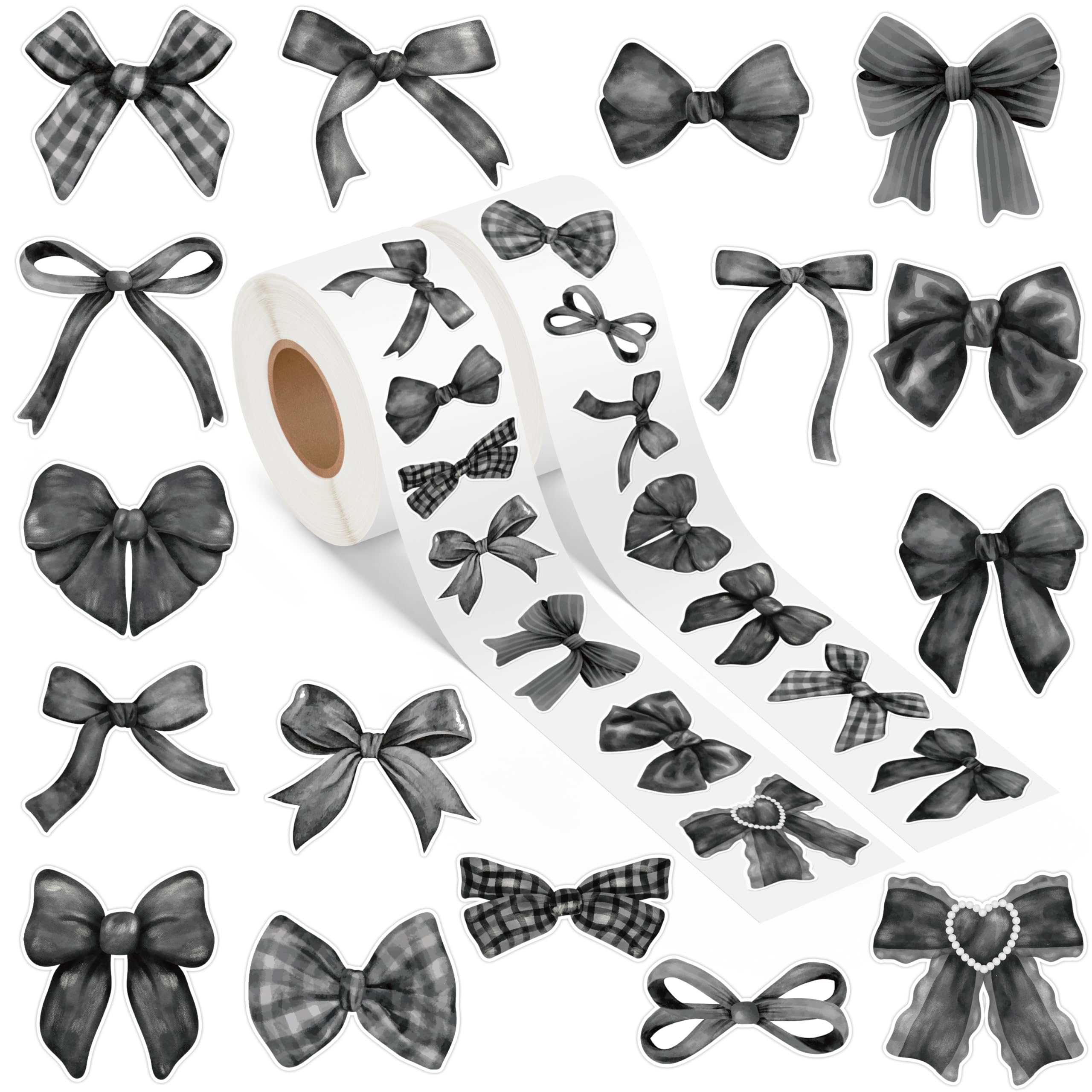 A1diee 1000 Count Black White Coquette Bow Stickers - Watercolor Aesthetic Decals for Scrapbooking, Laptops, Water Bottles (16 Patterns)