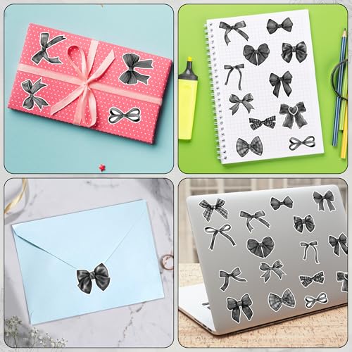 A1diee 1000 Count Black White Coquette Bow Stickers - Watercolor Aesthetic Decals for Scrapbooking, Laptops, Water Bottles (16 Patterns)