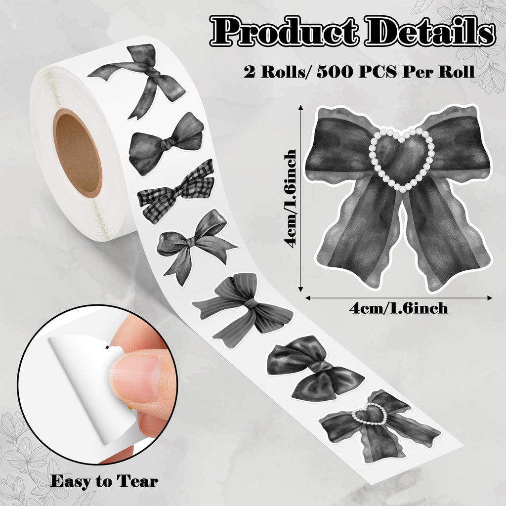 A1diee 1000 Count Black White Coquette Bow Stickers - Watercolor Aesthetic Decals for Scrapbooking, Laptops, Water Bottles (16 Patterns)