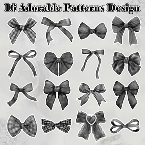 A1diee 1000 Count Black White Coquette Bow Stickers - Watercolor Aesthetic Decals for Scrapbooking, Laptops, Water Bottles (16 Patterns)