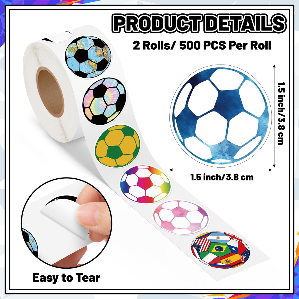 A1diee Football Soccer Stickers - 1000Pcs 2 Rolls 16 Patterns Cute Motivational Decals for Water Bottle Laptop Scrapbook