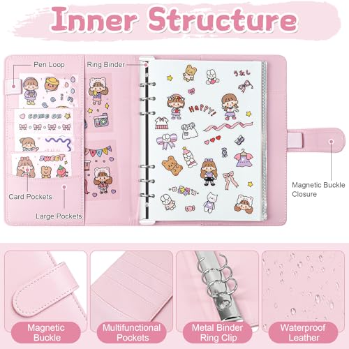 A5 Reusable Sticker Book - 140 Pockets + 100 Blank Pages, Pink PU Leather Organizer for Sticker Lovers