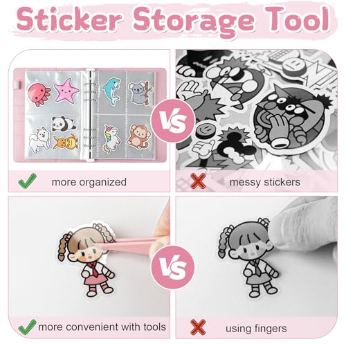 A5 Reusable Sticker Book - 140 Pockets + 100 Blank Pages, Pink PU Leather Organizer for Sticker Lovers