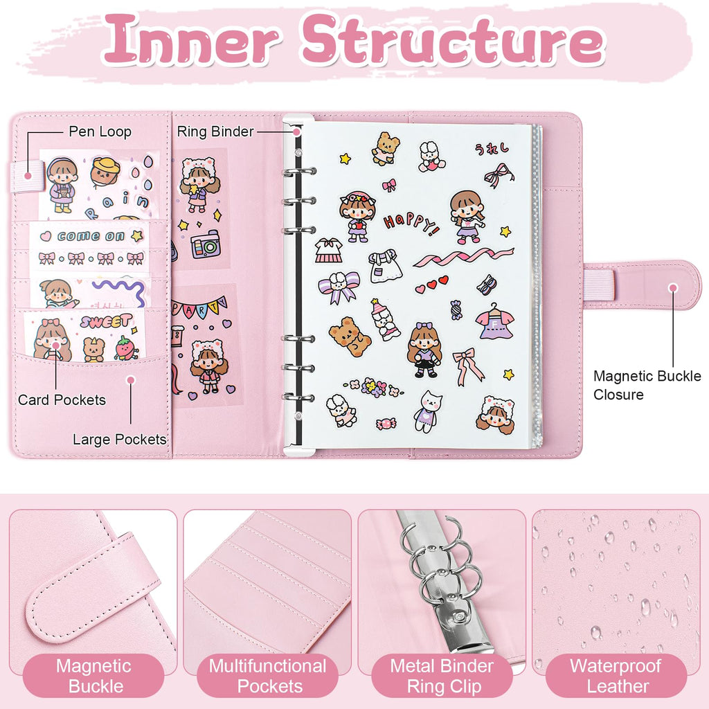 A5 Reusable Sticker Book - 140 Pockets + 100 Blank Pages, Pink PU Leather Organizer for Sticker Lovers