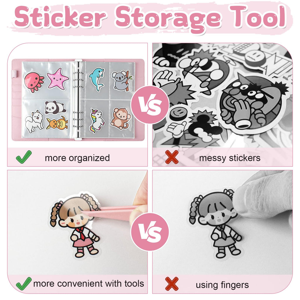 A5 Reusable Sticker Book - 140 Pockets + 100 Blank Pages, Pink PU Leather Organizer for Sticker Lovers