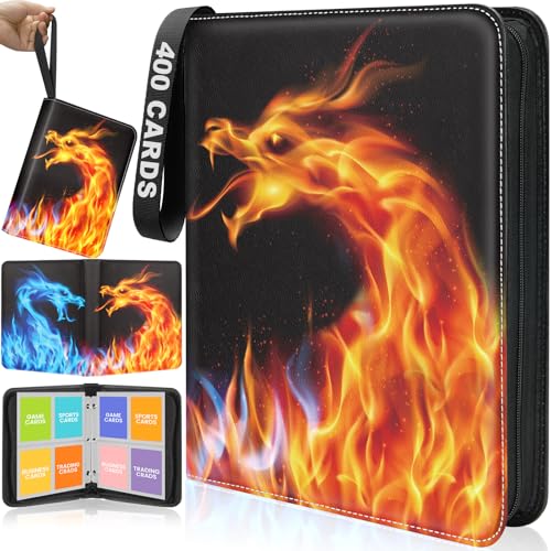 AAUB 4-Pocket Trading Card Binder – Holds 440 Cards, 55 Removable Pages, PU Cover, Zippered, Yellow & Blue Dragon Design