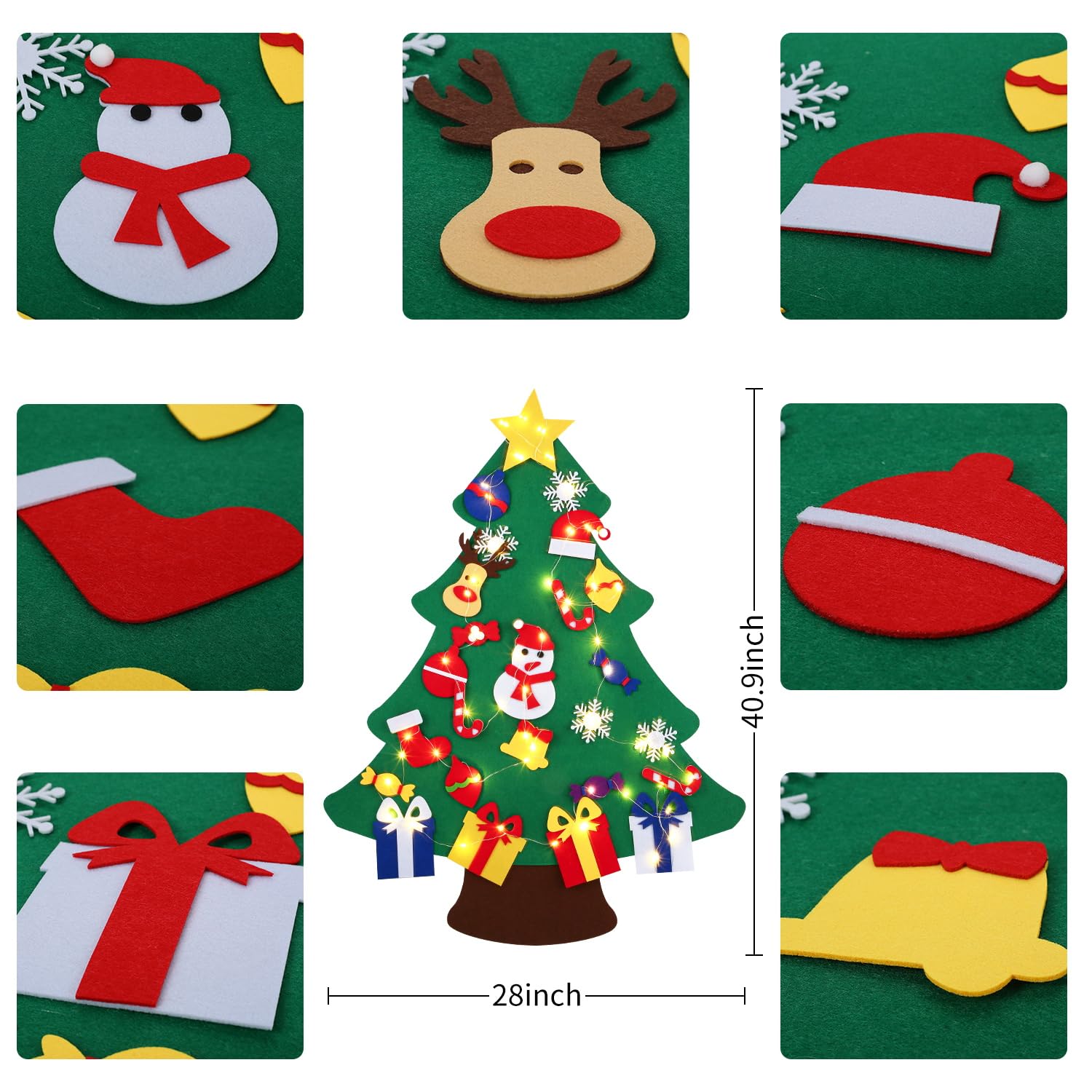 Abakuku 3-Foot Felt Christmas Tree Set for Kids – 31 Piece Ornaments & Light