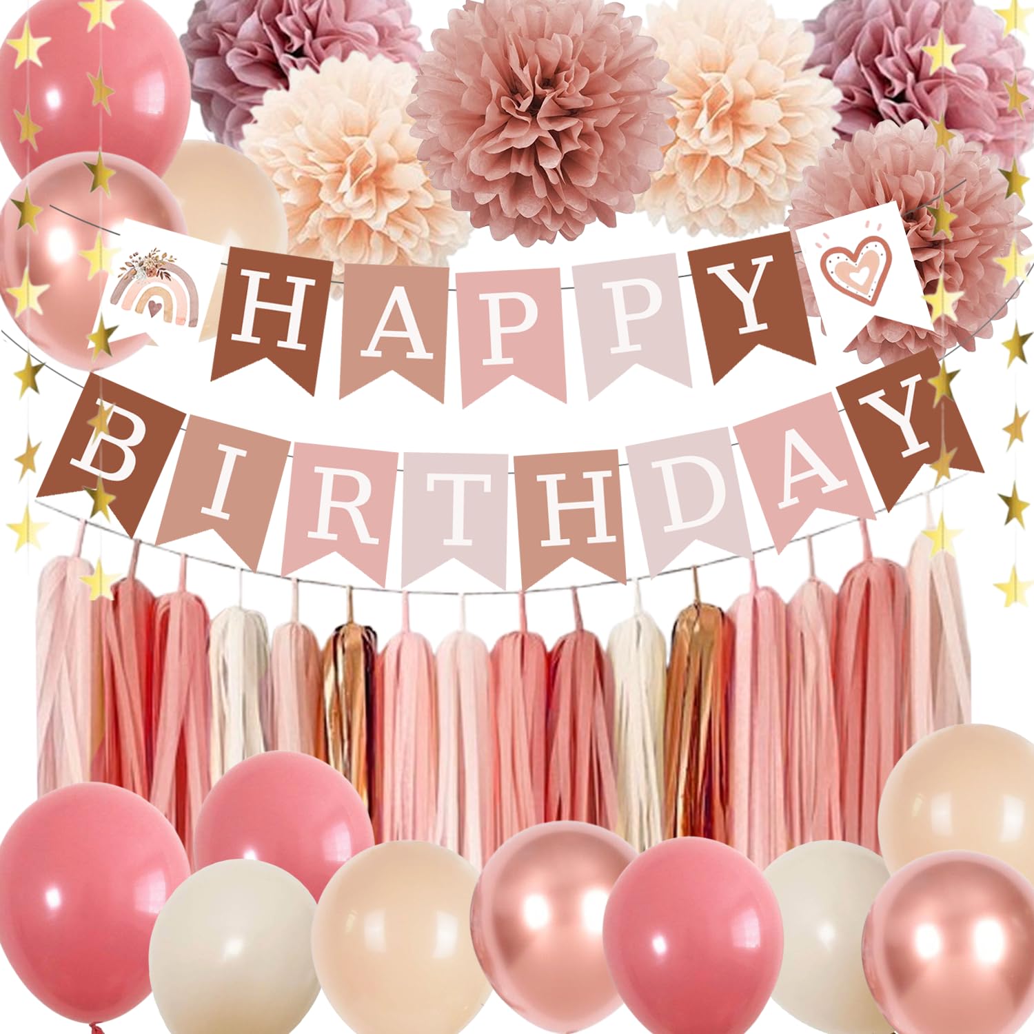 ABAOWO Retro Blush Pink Boho Birthday Decorations Kit: 23 Latex Balloons, Banner, Pompoms & Tassel Garland for Women's Rustic Party