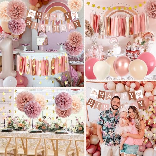 ABAOWO Retro Blush Pink Boho Birthday Decorations Kit: 23 Latex Balloons, Banner, Pompoms & Tassel Garland for Women's Rustic Party
