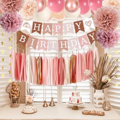 ABAOWO Retro Blush Pink Boho Birthday Decorations Kit: 23 Latex Balloons, Banner, Pompoms & Tassel Garland for Women's Rustic Party