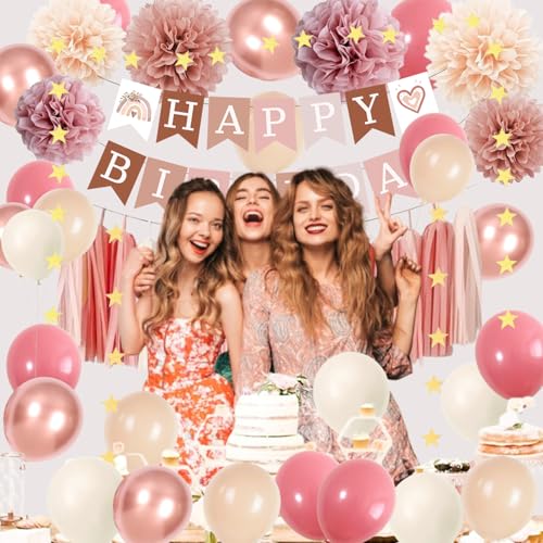 ABAOWO Retro Blush Pink Boho Birthday Decorations Kit: 23 Latex Balloons, Banner, Pompoms & Tassel Garland for Women's Rustic Party