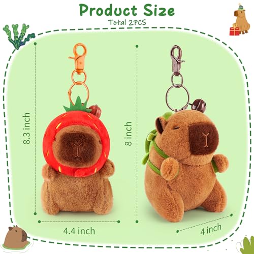 Achwishap 2-Pack Capybara Plush Keychains – with Turtle Backpack and Strawberry Hat, Soft Fabric, Safe for Kids