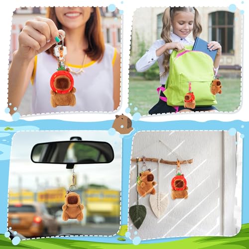 Achwishap 2-Pack Capybara Plush Keychains – with Turtle Backpack and Strawberry Hat, Soft Fabric, Safe for Kids