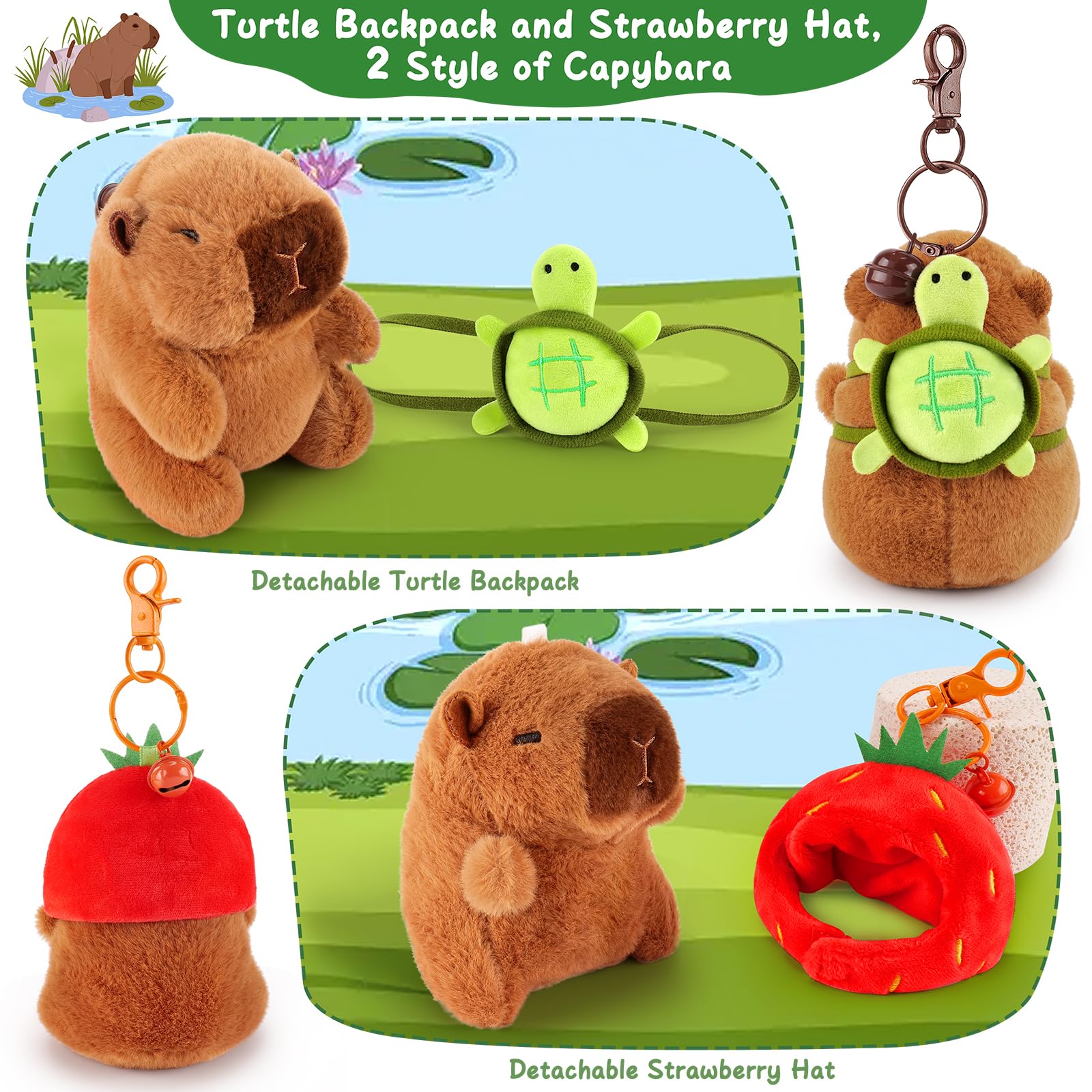 Achwishap 2-Pack Capybara Plush Keychains – with Turtle Backpack and Strawberry Hat, Soft Fabric, Safe for Kids