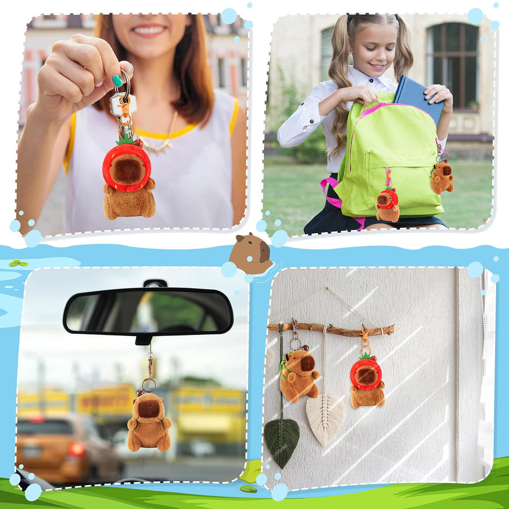 Achwishap 2-Pack Capybara Plush Keychains – with Turtle Backpack and Strawberry Hat, Soft Fabric, Safe for Kids