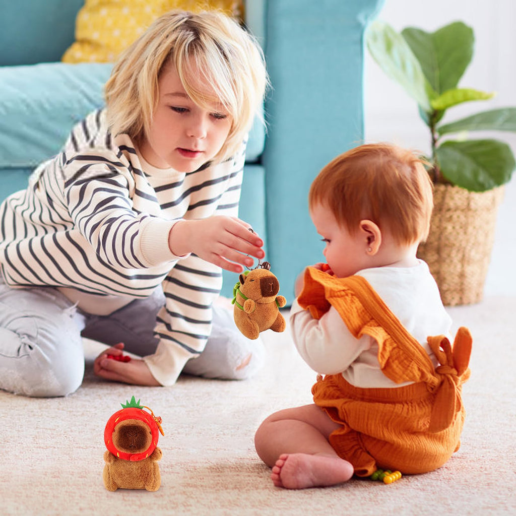 Achwishap 2-Pack Capybara Plush Keychains – with Turtle Backpack and Strawberry Hat, Soft Fabric, Safe for Kids