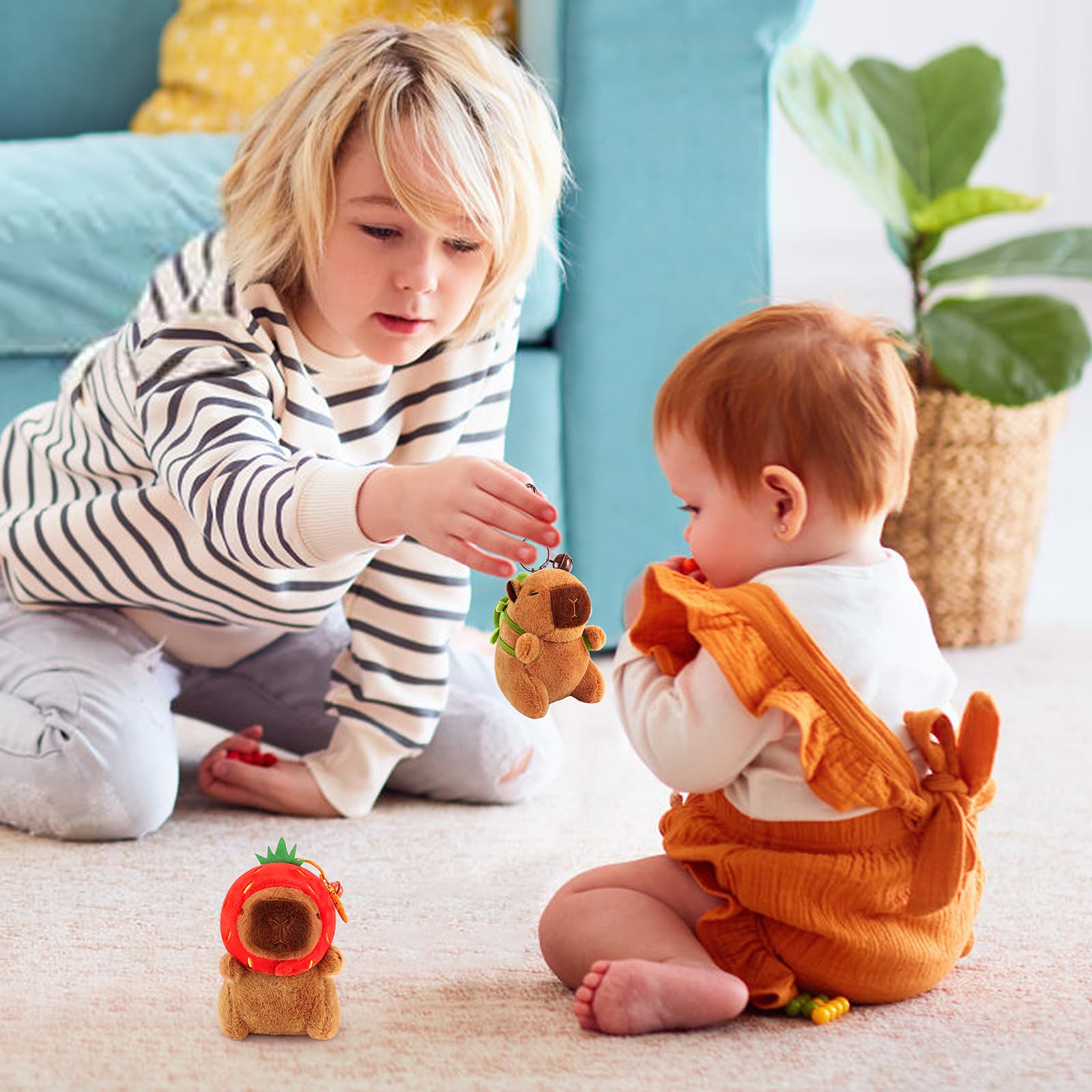 Achwishap 2-Pack Capybara Plush Keychains – with Turtle Backpack and Strawberry Hat, Soft Fabric, Safe for Kids