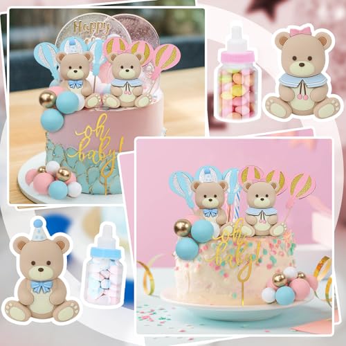 Acmee 32-Piece Bear Cake Toppers Set - Blue & Pink Bears with Gold 'Oh Baby' Letters, Balloons, and Cake Balls for Baby Shower or Gender Reveal Party