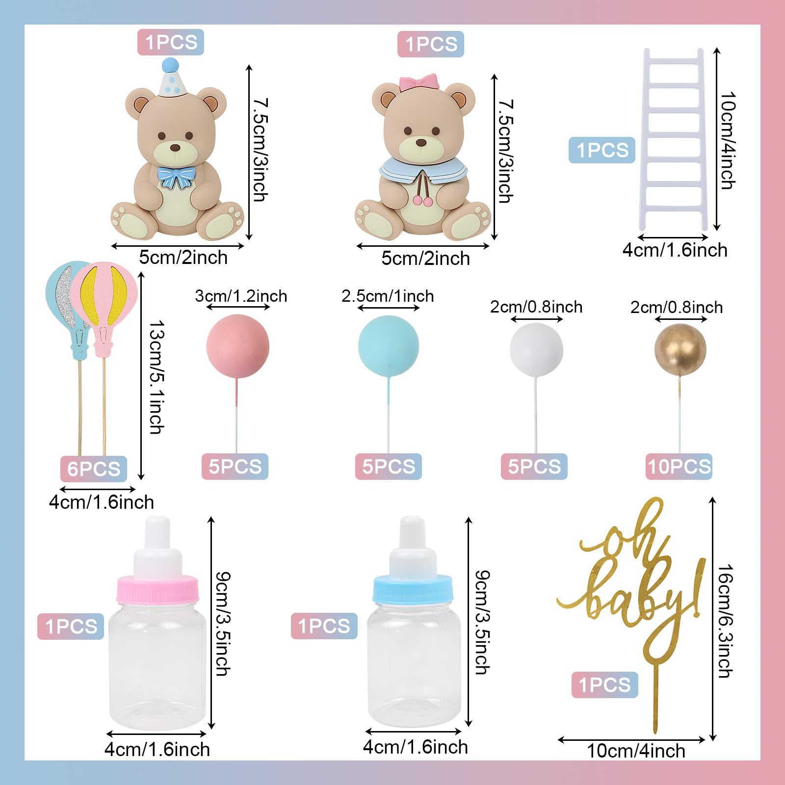 Acmee 32-Piece Bear Cake Toppers Set - Blue & Pink Bears with Gold 'Oh Baby' Letters, Balloons, and Cake Balls for Baby Shower or Gender Reveal Party