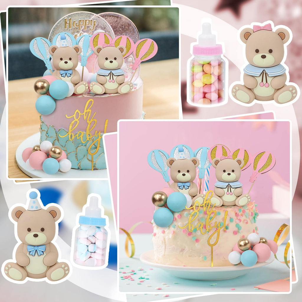 Acmee 32-Piece Bear Cake Toppers Set - Blue & Pink Bears with Gold 'Oh Baby' Letters, Balloons, and Cake Balls for Baby Shower or Gender Reveal Party
