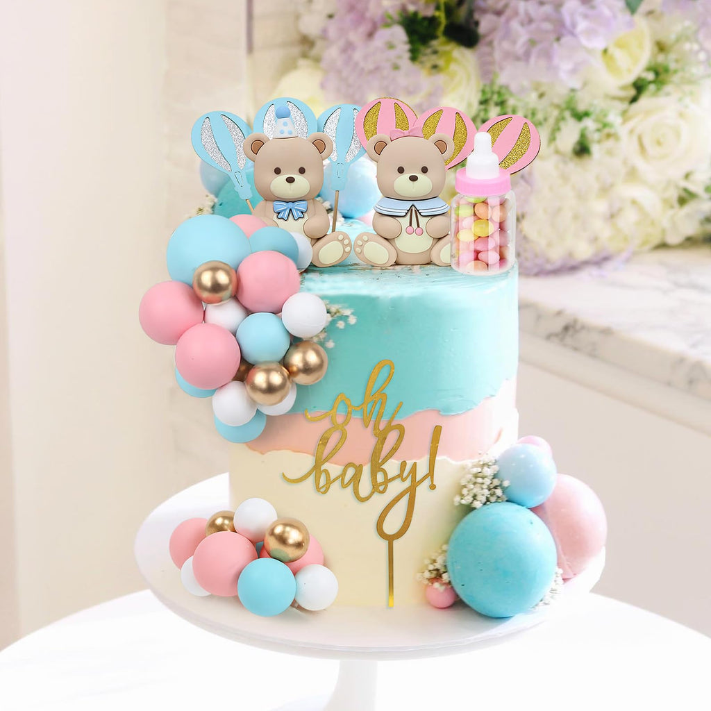 Acmee 32-Piece Bear Cake Toppers Set - Blue & Pink Bears with Gold 'Oh Baby' Letters, Balloons, and Cake Balls for Baby Shower or Gender Reveal Party
