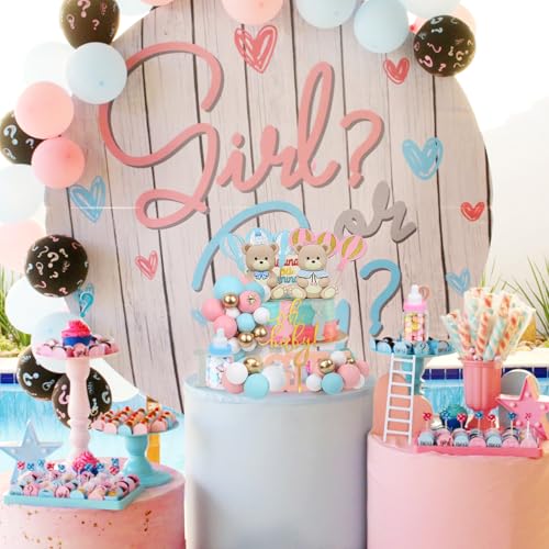 Acmee 32-Piece Bear Cake Toppers Set - Blue & Pink Bears with Gold 'Oh Baby' Letters, Balloons, and Cake Balls for Baby Shower or Gender Reveal Party