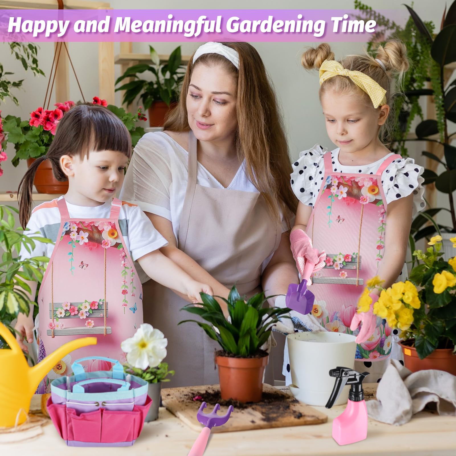 Acostop Kids Gardening Tool Set - Pink Flower Apron, Gloves, Metal Tools, Watering Can & Tote Bag for Girls Ages 3-8