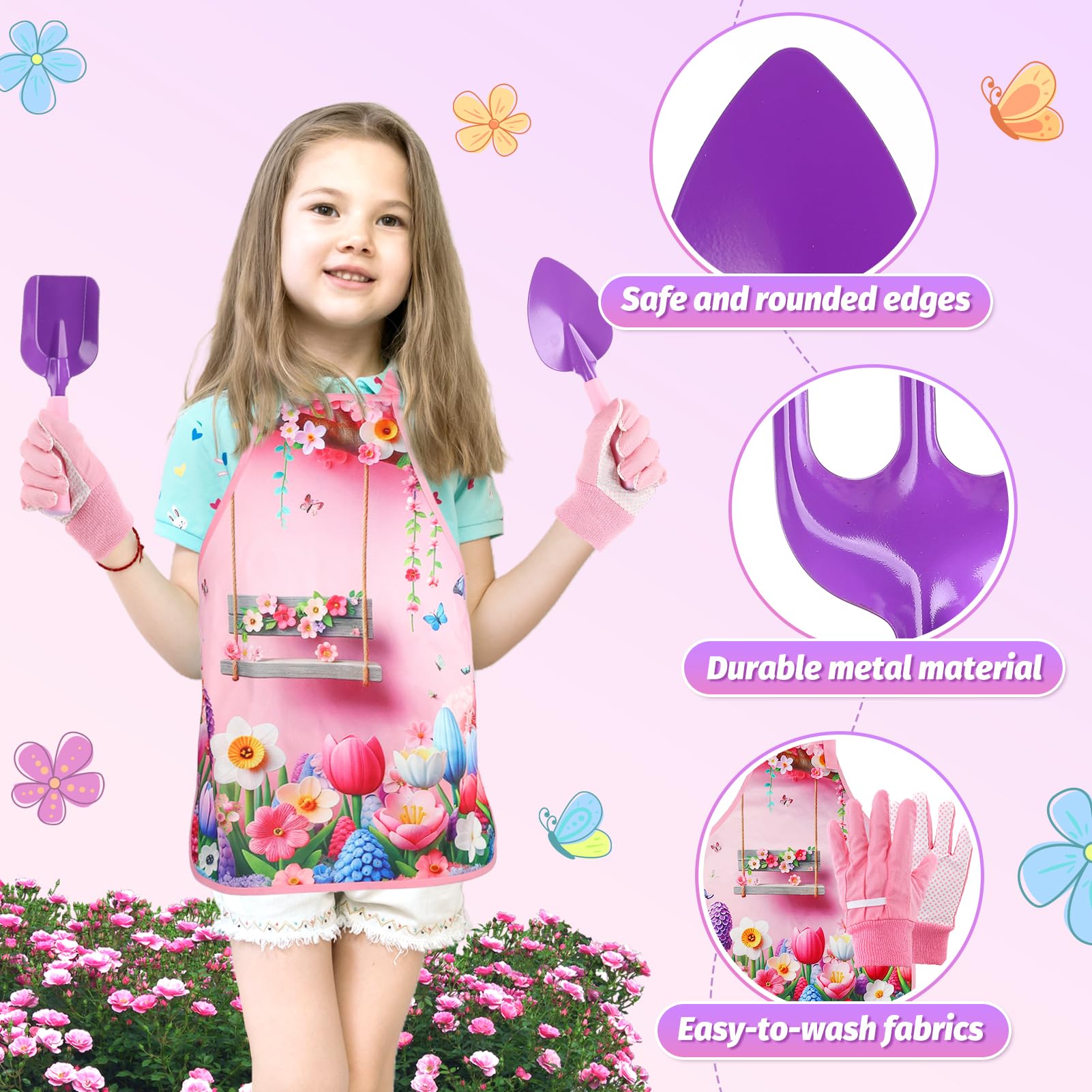Acostop Kids Gardening Tool Set - Pink Flower Apron, Gloves, Metal Tools, Watering Can & Tote Bag for Girls Ages 3-8