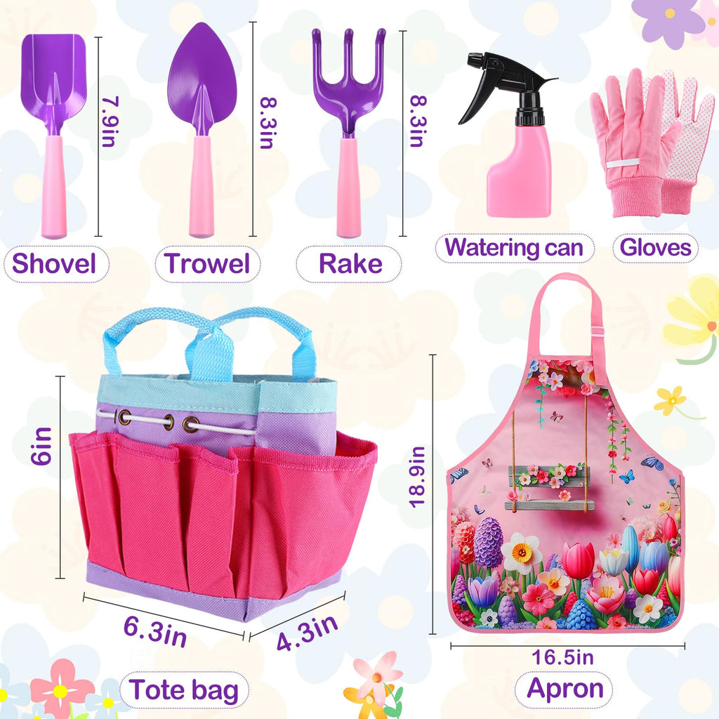Acostop Kids Gardening Tool Set - Pink Flower Apron, Gloves, Metal Tools, Watering Can & Tote Bag for Girls Ages 3-8