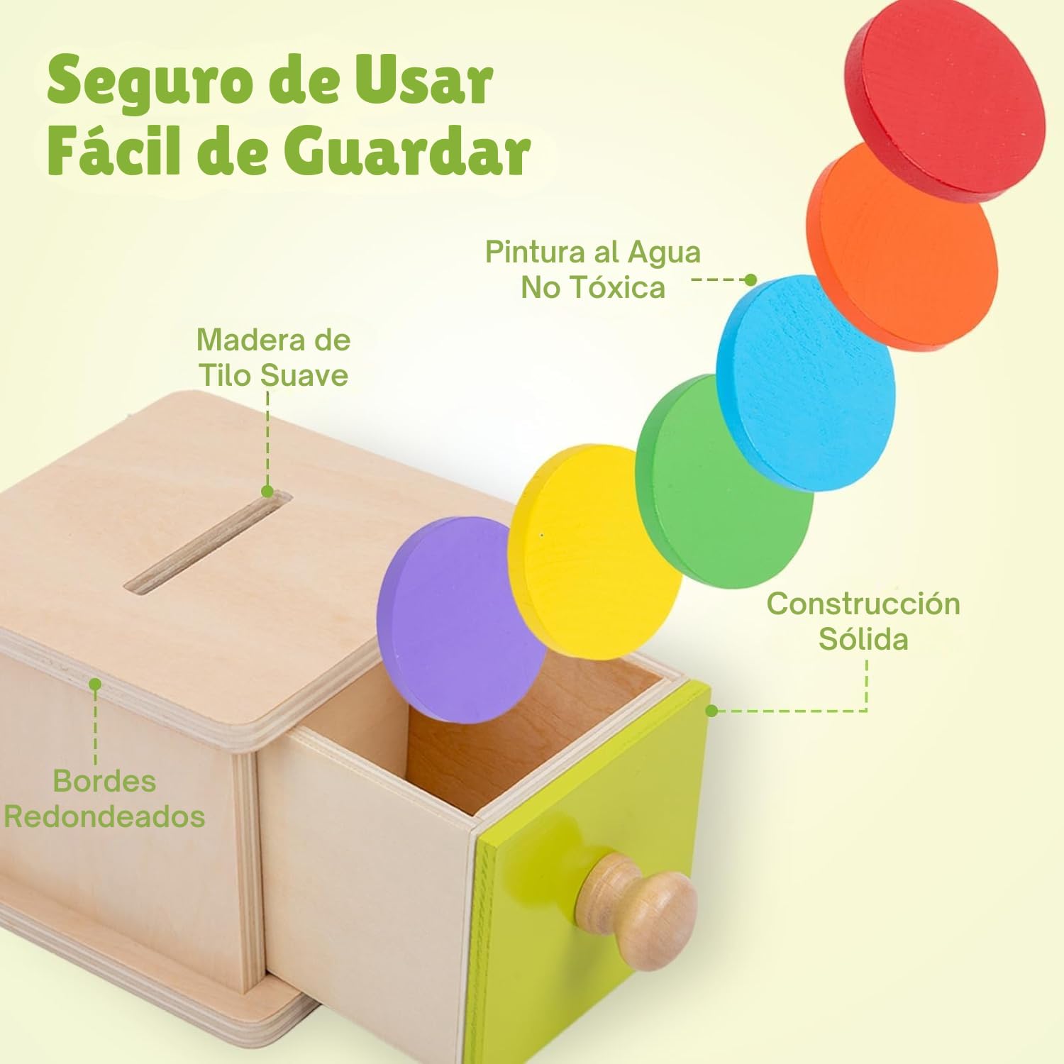 Adena Montessori Coin Box for Infants – Wooden Object Permanence Toy with Colored Discs (Yellow-Green Door)