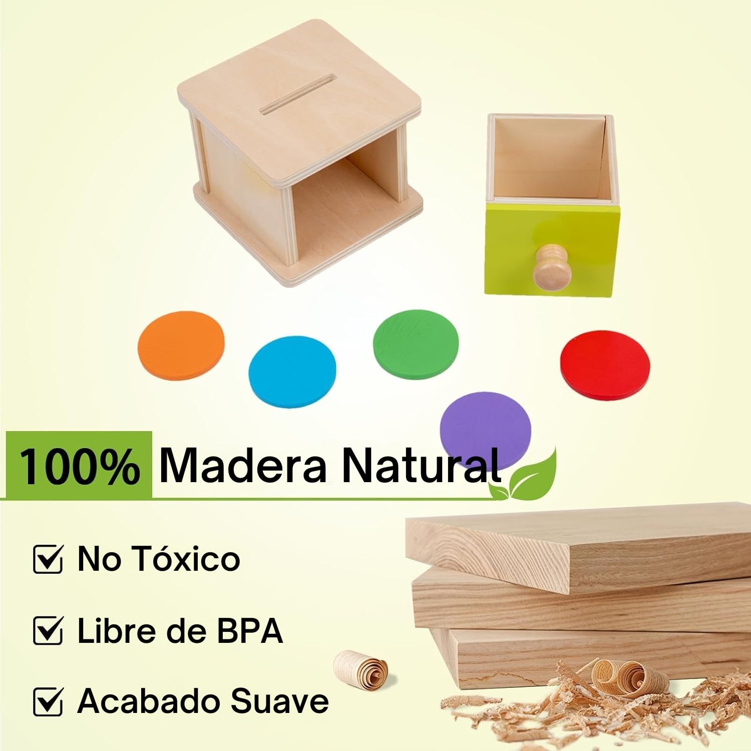 Adena Montessori Coin Box for Infants – Wooden Object Permanence Toy with Colored Discs (Yellow-Green Door)