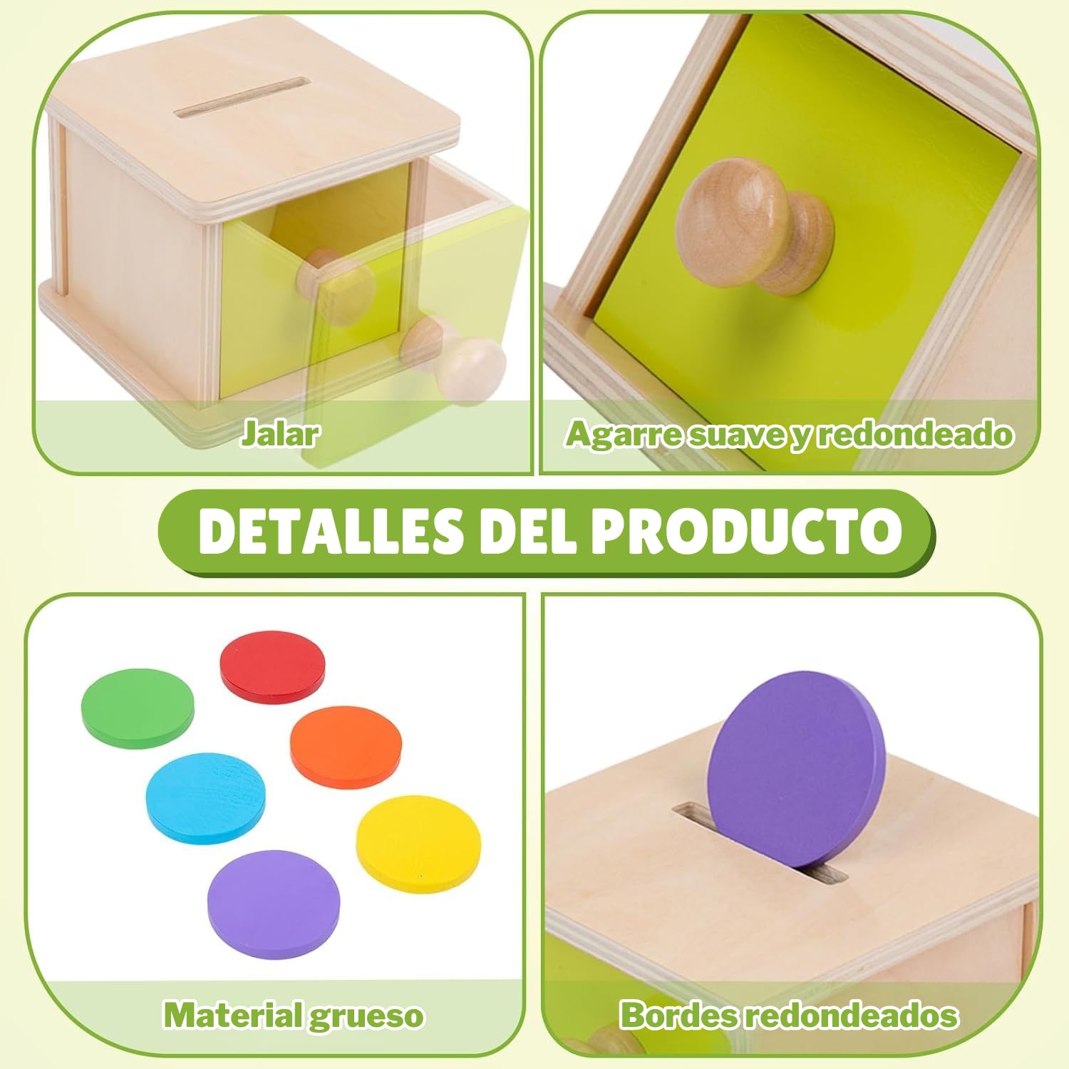 Adena Montessori Coin Box for Infants – Wooden Object Permanence Toy with Colored Discs (Yellow-Green Door)