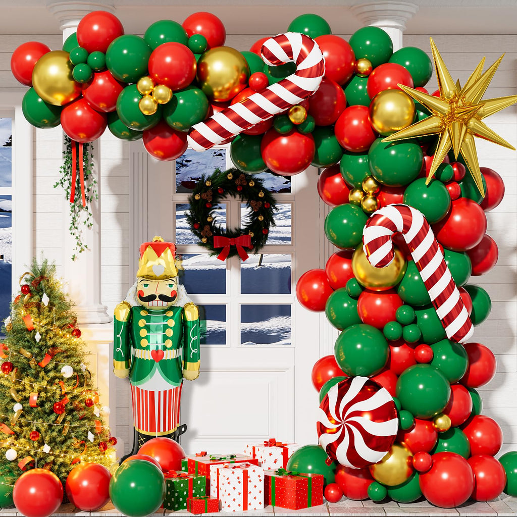 Adeyoo 124-Piece Christmas Balloon Arch Kit – Red, Green & Gold with Nutcracker & Candy Cane Foil Balloons