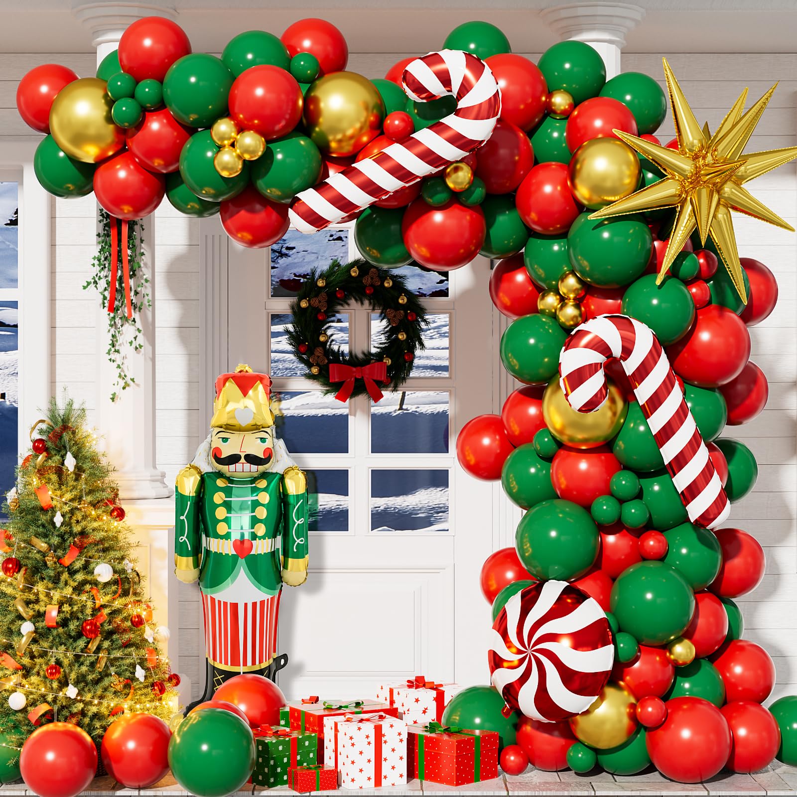 Adeyoo 124-Piece Christmas Balloon Arch Kit – Red, Green & Gold with Nutcracker & Candy Cane Foil Balloons