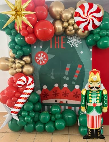 Adeyoo 124-Piece Christmas Balloon Arch Kit – Red, Green & Gold with Nutcracker & Candy Cane Foil Balloons