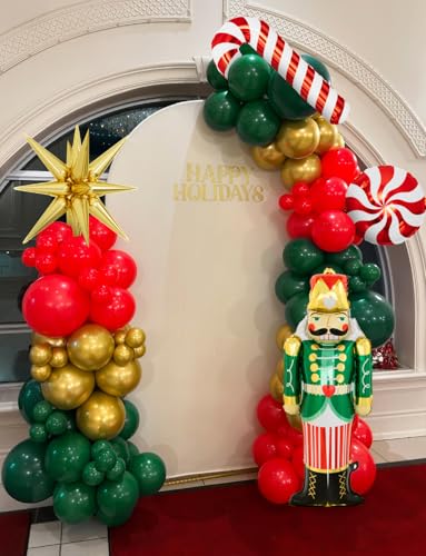 Adeyoo 124-Piece Christmas Balloon Arch Kit – Red, Green & Gold with Nutcracker & Candy Cane Foil Balloons