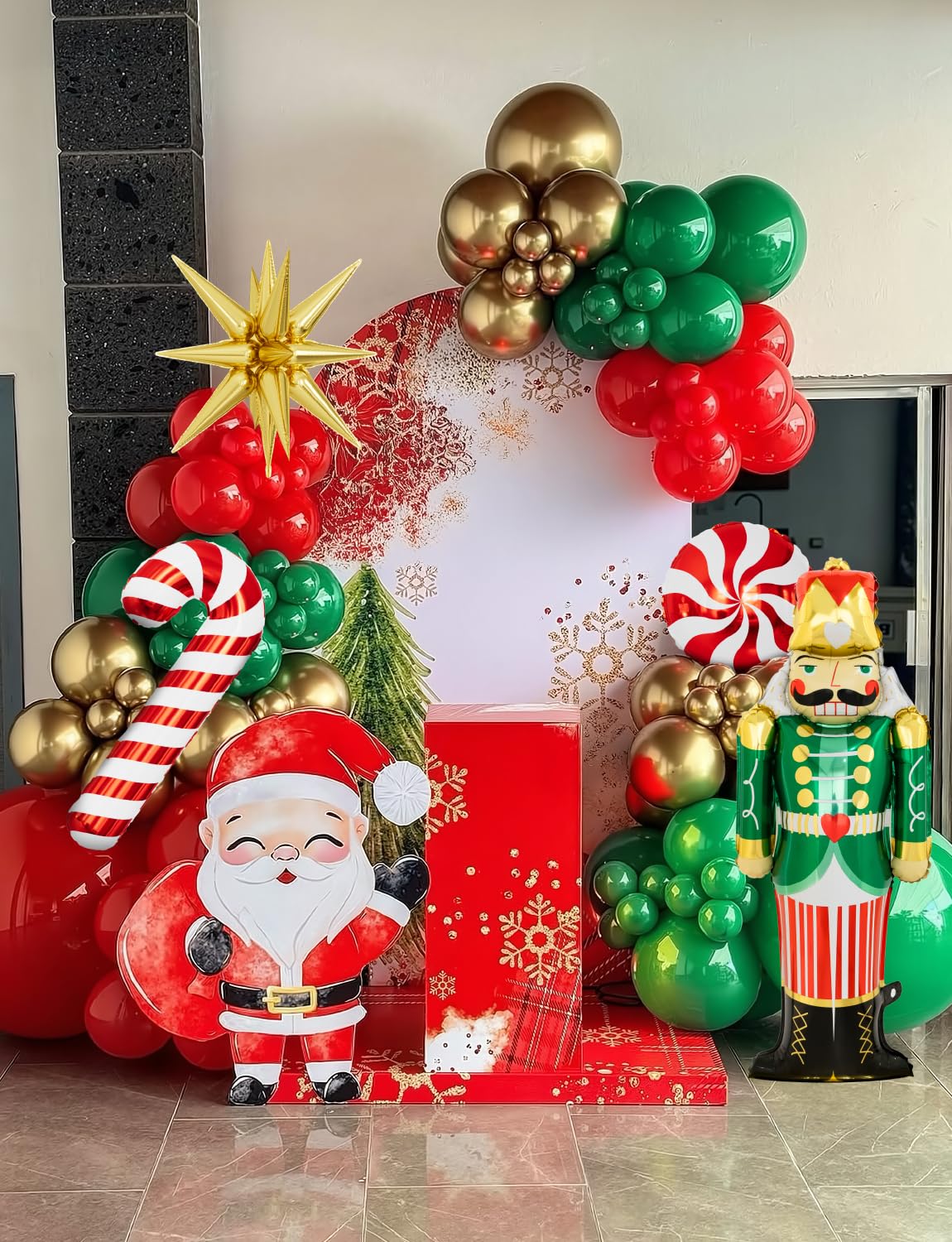 Adeyoo 124-Piece Christmas Balloon Arch Kit – Red, Green & Gold with Nutcracker & Candy Cane Foil Balloons