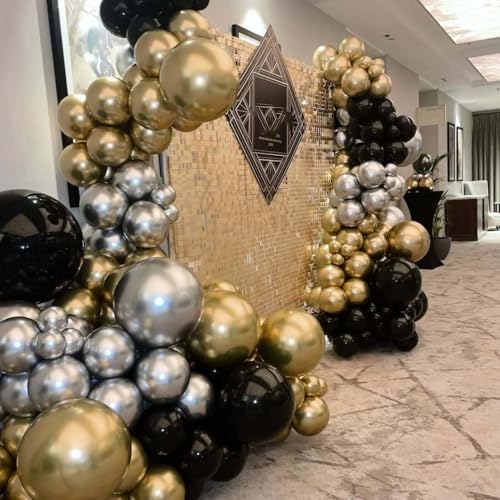 ADOINBY 142-Piece Metallic Black Gold Silver Balloon Arch Kit for Party Decor