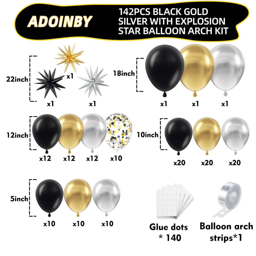 ADOINBY 142-Piece Metallic Black Gold Silver Balloon Arch Kit for Party Decor
